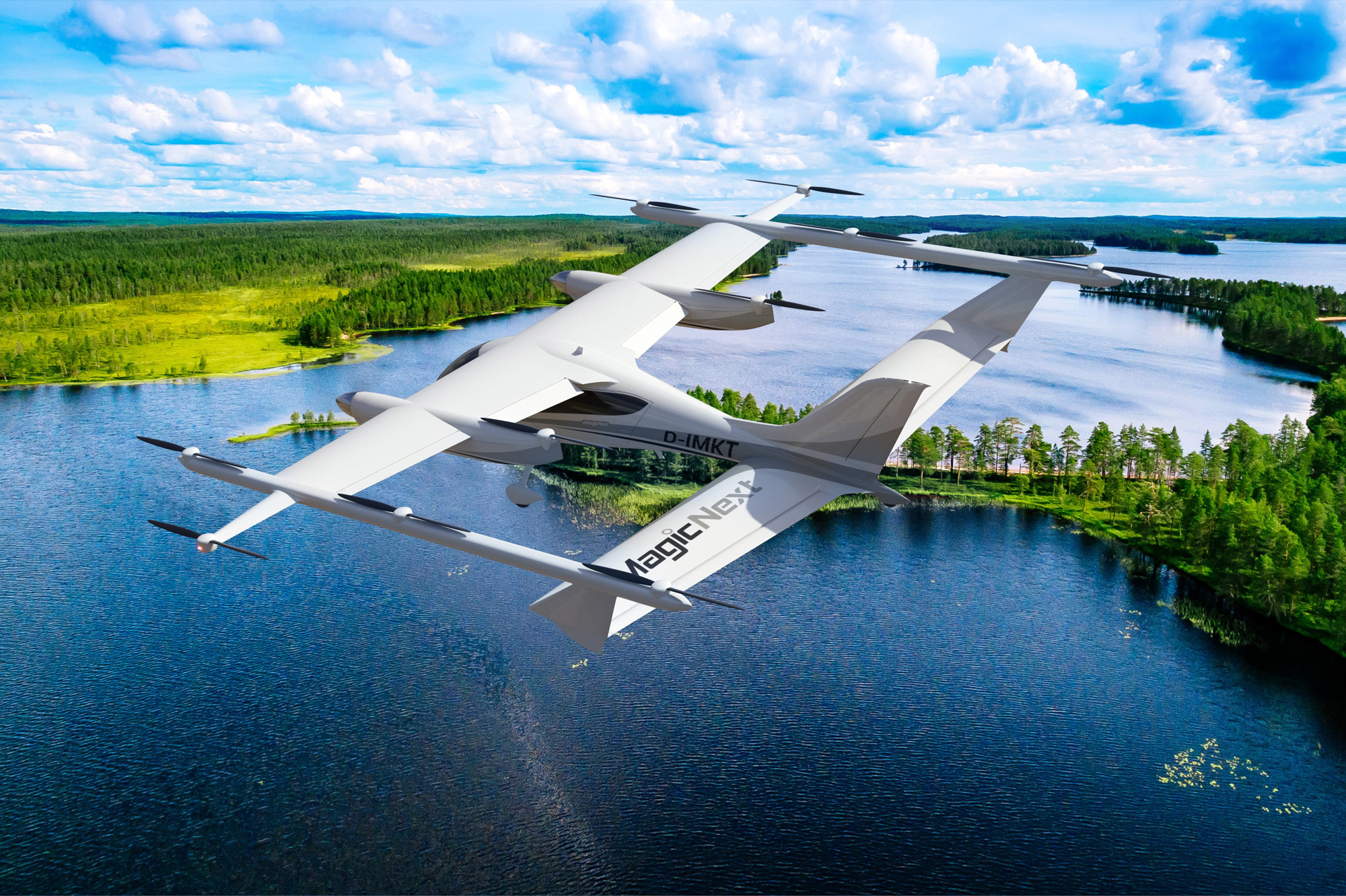 eMagic Next eVTOL passenger aircraft flying over water eMagic Next eVTOL passenger aircraft flying over water
